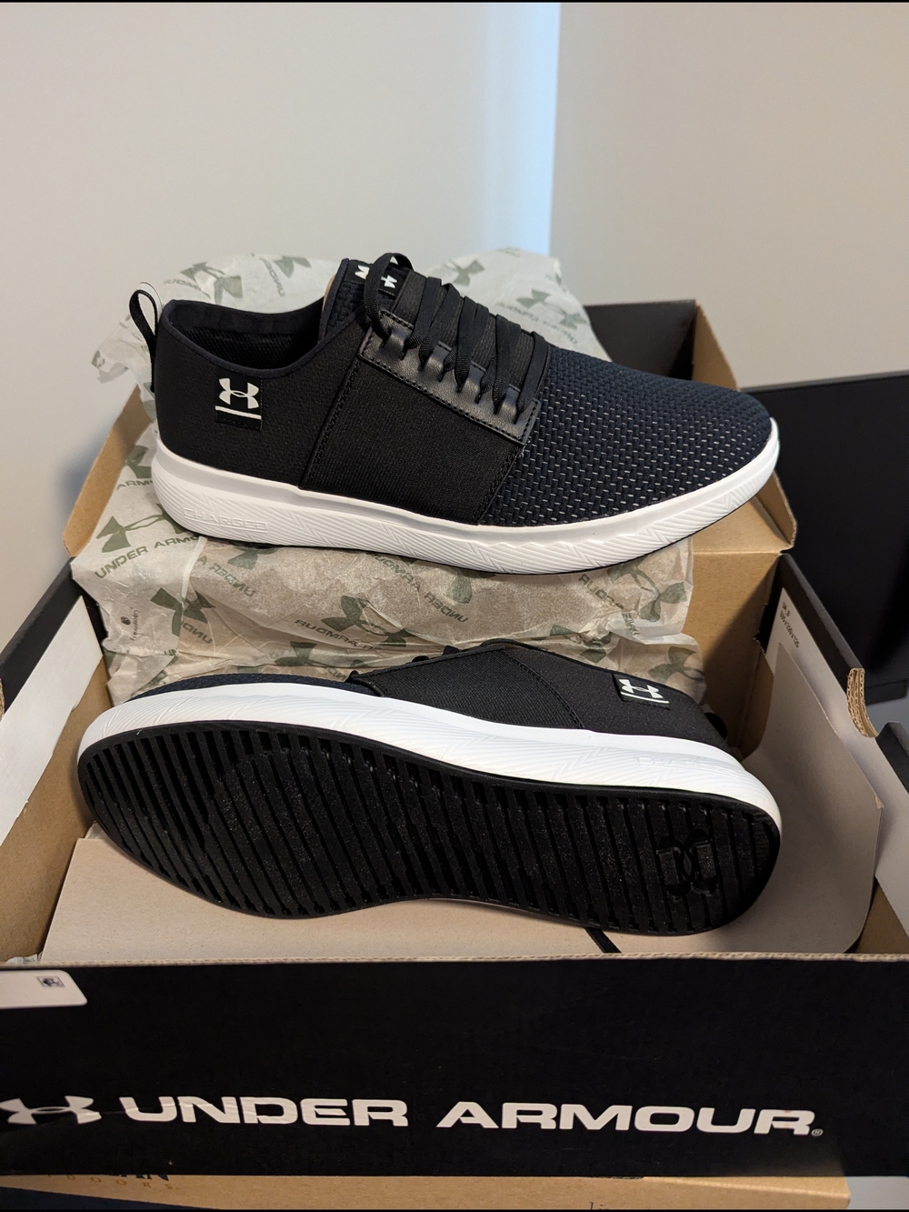 Under Armour Men’s Black and White Athletic Slip-On Sneakers - Picture 2 of 6